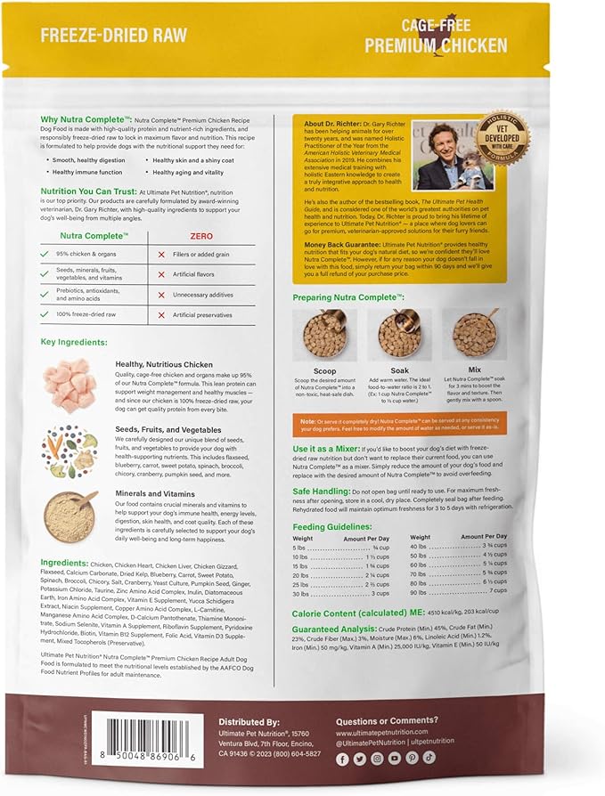 ULTIMATE PET NUTRITION Nutra Complete Freeze Dried Raw Dog Food, Veterinarian Formulated with Antioxidants, Prebiotics & Amino Acids (1 Pound, Chicken)