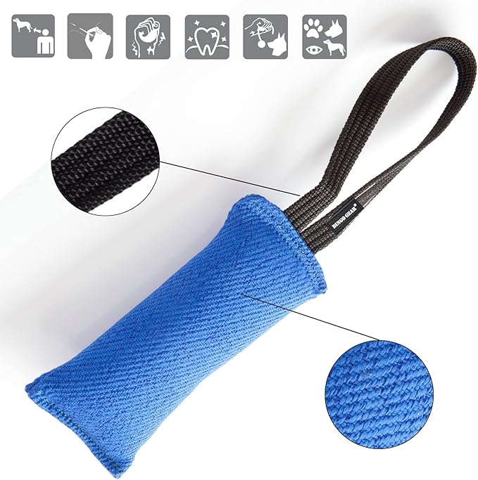 Dingo Gear French Linen tug Toy for Dog, Bumper Toy for Training, Agility, tug of war, bite Pillow for Strong Dog, 1handle 8in Blue S00071