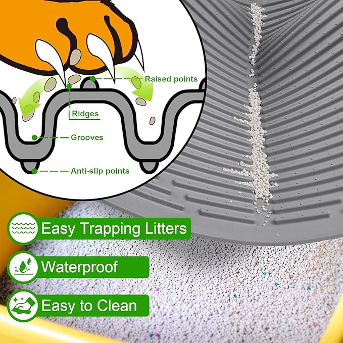 Gosmol Cat Mat for Litter Box, L 24''x15 ''Waterproof & Urine-Proof Silicone kitty litter Mat, Easy Clean Non-Slip Rubber Pet Mats for All kind of Litter Boxes & Floors - Grey