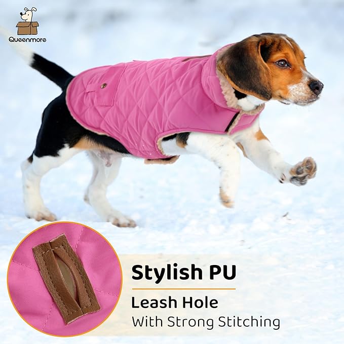 Queenmore Dog Winter Coat - Fleece Jacket, Waterproof Cold Weather Clothes, Thick Warm Cotton Padding, Easy On Storage Pockets (Pink, Medium)