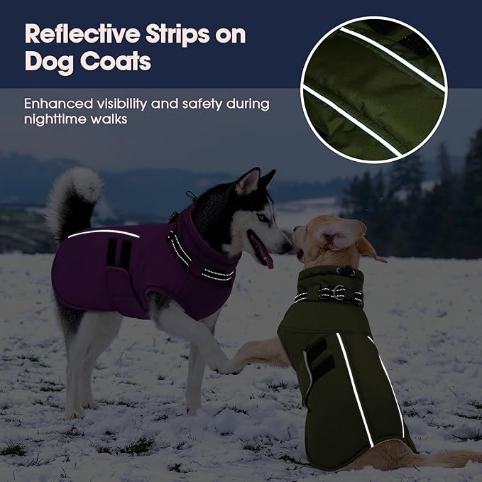 IECOii Dog Coats for Large Dogs Winter Waterproof Jacket with Collar Built in, XXL Dog Coat for Cold Weather Warm Snow Jacket with Thermal Fleece Lining, Reflective Pet Snowsuit Large,Army Green - 2XL