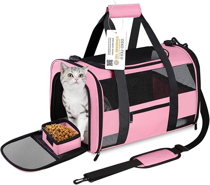 Cat Carrier Pet Carrier Airline Approved for Small Dogs Medium Cats Puppies 15 Lbs Dog Carrier with Reflective Strip, Collapsible Soft Sided Cat Travel Carriers - Pink