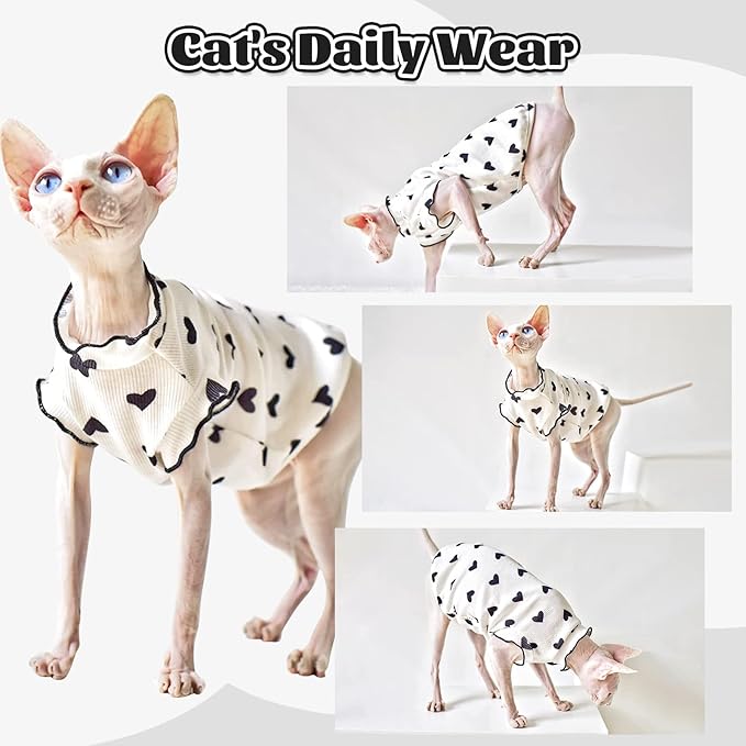 DENTRUN Heart Pattern Sphynx Hairless Cats Shirt, Kitten T-Shirts with Perlin Sleeves, Breathable Cat Wear Cute Sweater Adorable Hairless Cat's Clothes Vest Pajamas Jumpsuit