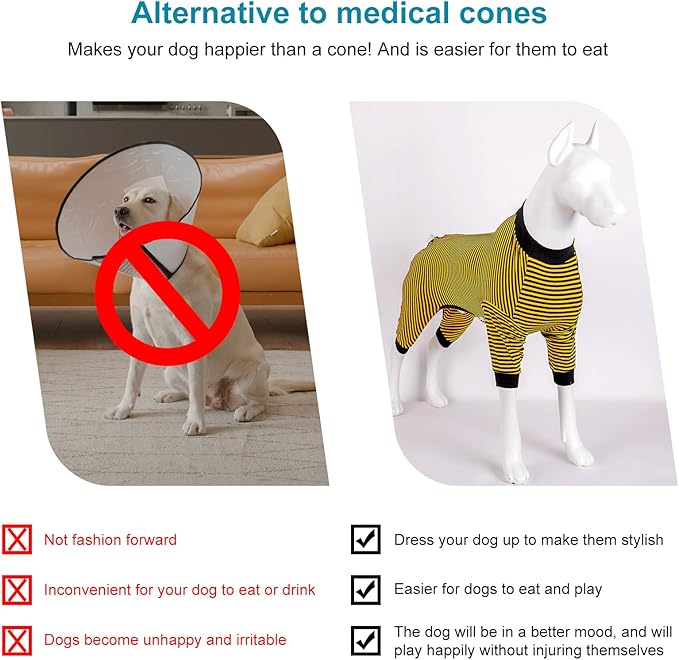 LovinPet Dog PJS Clothes for Giant Dogs, Pitbull Pure Cotton Yellow and Black Stripe Dog Shirt, 4-Legged Design, Full Body Coverage, Pajamas for Pitbulls, Onesies for Dogs, Large