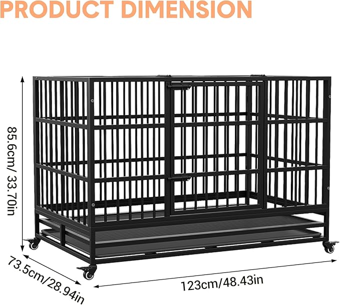 Heavy Duty Metal Dog Crate, 48.5 in Extra Large Double Door Dog Cage with Wheels, Folding Indoor Pet House with Removable Tray Perfect for Small, Medium and Large Pets