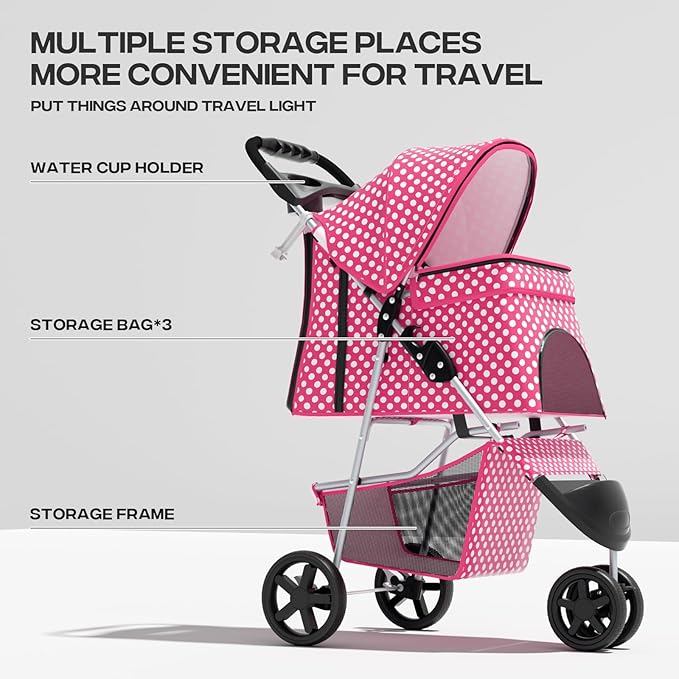 Cat Dog Stroller,3-Wheels Pet for Medium/Puppy Dogs 30 Lbs, Cat Strollers for 1 Cats, Foldable Dog Stroller with Storage Basket and Cup Holder, Breathable Mesh Pink Polka Dots
