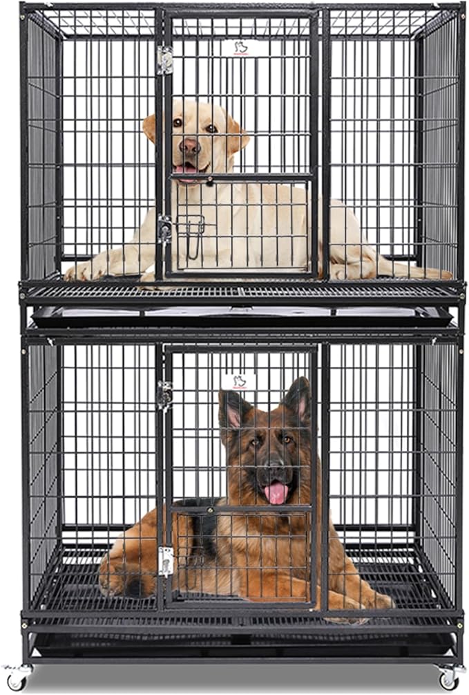 Homey Pet 43" Stackable Heavy Duty Dog Crate Cage Kennel with Feeding Door, Four Lockable Casters, Removable Tray and Grid, Escape Proof Dog Crate for Large Dogs(Two Tiers)