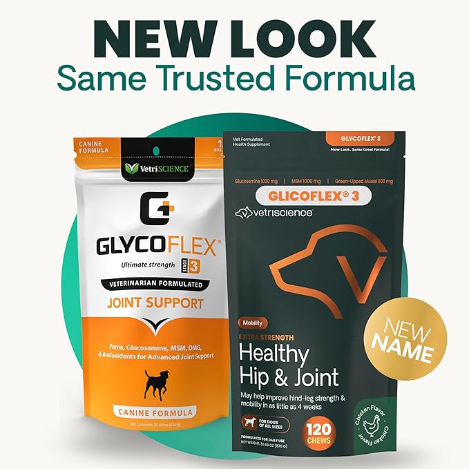 VetriScience Extra Strength Healthy Hip & Joint Chews, GlycoFlex Glucosamine & Green-Lipped Mussel Support Supplement for Dogs, Promote Mobility & Soothe Joint Discomfort, Chicken, 3 Pack