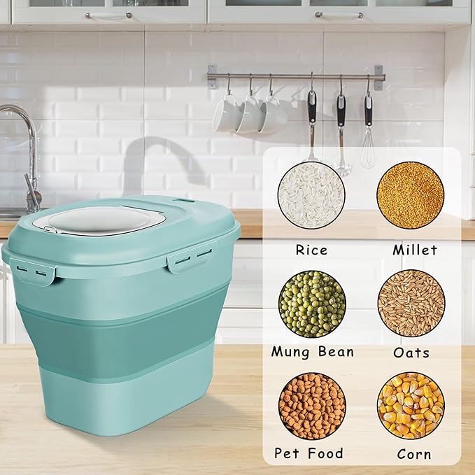 Cereal Rice Food Storage Containers, Collapsible 20 to 50 Lbs Dispenser Bin with Rolling Wheel Airtight Locking Lid, Dog Pet Cat Flour Sugar Plastic Leakproof Sealable Large Kitchen Pantry Holder