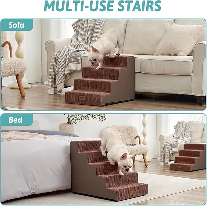 Dog Stairs for Small Dogs, 5 Tier Wider Pet Stairs for High Beds, 23.6" H Non-Slip Dog Steps for Old Cats, Puppies, Small Medium Dogs, 19.7x29.5x23.6 inch, Brown