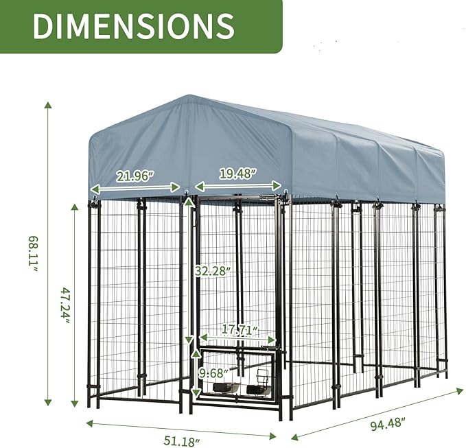 Dog Kennel Outside with Roof, 8'x4'x6' Outdoor Dog Kennels for Large Dogs, Heavty Duty Welded Dog Crate Playpen with UV-Resistant Waterproof Cover & Bowls