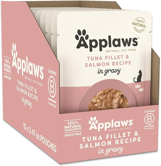 Applaws Natural Wet Cat Food in Gravy, Limited and Natural Ingredients, High Protein with No Artificial Additives, Tuna with Salmon in Gravy (12 x 2.47oz Pouches)