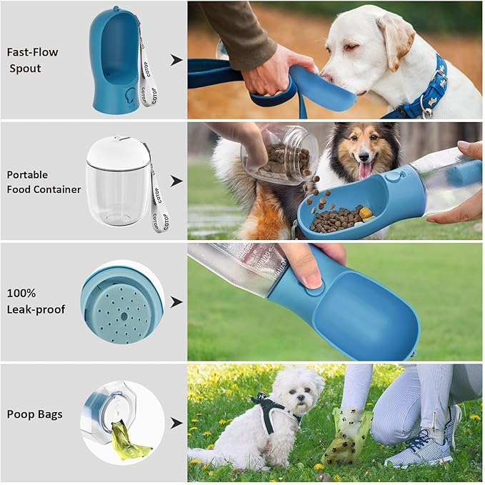 20oz Dog Water Bottle with Food Container & Poop Bag Dispenser | Leak-Proof Portable Pet Water Dispenser with Carabiner Clip | for Walking, Hiking, Travel (Dark Blue, 20oz)