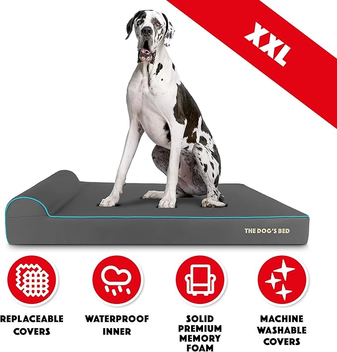 The Dog’s Bed Orthopedic Headrest Dog Bed XXL Grey/Blue, Memory Foam, Pain Relief for Arthritis, Hip & Elbow Dysplasia, Post Surgery, Lameness, Waterproof Washable Cover