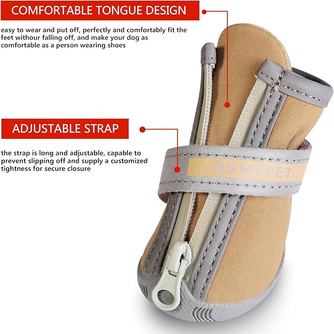QUMY Dog Shoes for Small Dog, Puppy Dog Boots & Paw Protectors for Winter, Summer Hot Pavement, Waterproof in Rainy Weather, Ourdoor Walking, Indoor Hardfloors Skid-Resistant Soles Khaki Size 5