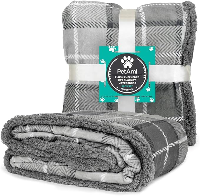 PetAmi Waterproof Dog Blanket for Small Medium Dog Puppy Cat Throw for Couch Cover Leakproof Protection, Sherpa Fleece, Reversible Soft Washable 29x40 Plaid Light Gray
