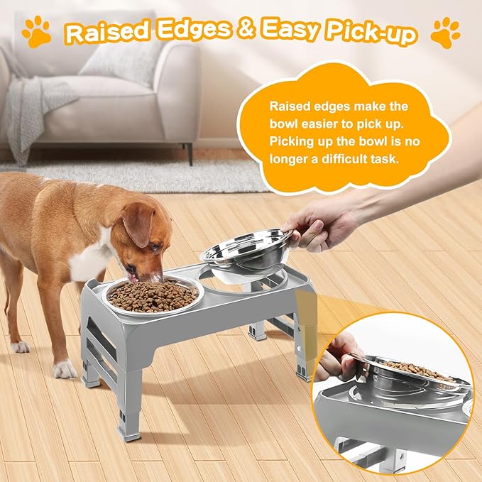 COMESOON Elevated Dog Bowls for Small Medium Dogs, 3 Height Adjustable Raised Stand with 2 Thick 6" Stainless Steel Food Bowls, Non-Slip Feeder Adjusts to 2.75", 6", 7.5", Grey