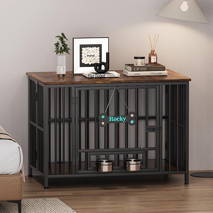 Easycom 31" Dog Crate Furniture Foldable, No Assembly Decorative Dog Kennel Indoor, Dog Crates for Medium Dogs(20-35 lb), Wooden Dog Cage with Adjustable Bowls and Name Tag, End Table, Rustic Brown