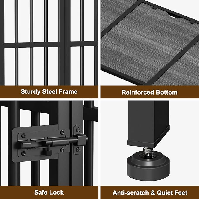 Easycom 41" Dog Crate Furniture Foldable, No Assembly Decorative Dog Kennel Indoor, Dog Crates for Large Dogs(35-60 lb), Wooden Dog Cage with Adjustable Bowls and Name Tag, End Table, Dark Grey