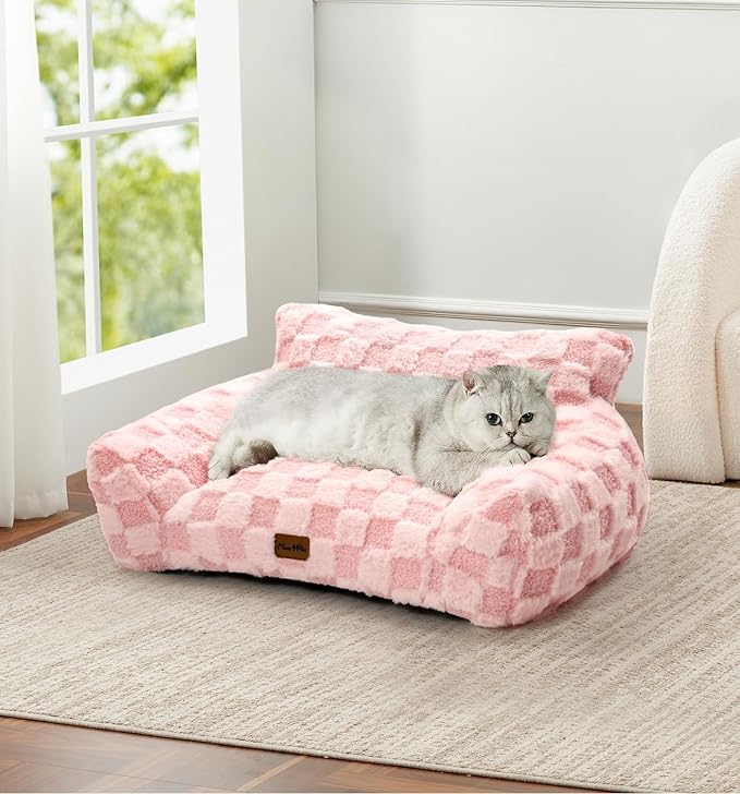 MADE 4 PETS Cat Beds for Indoor Cats, Cat Couch Bed, Soft Faux Fur Checkered Pet Sofa, Calming Fluffy Kitten Sofa with Supportive Foam, Removable Washable Cover with Non-Slip Base, Pink, Small