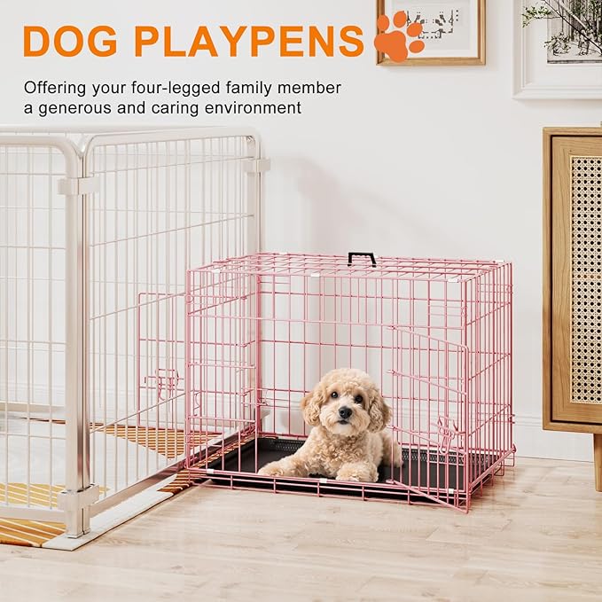 FDW 24inch Dog Crate Pet Cage with Metal Folding Design Plastic Tray Indoor Outdoor Dog Kennel Cage for Small Dogs,Pink