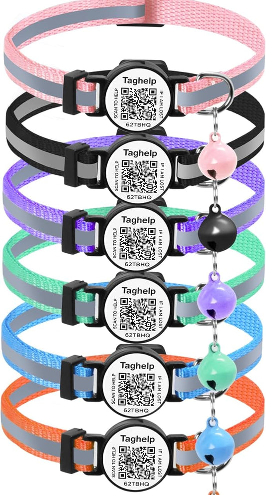6 Pack QR Code Cat Collar - Breakaway Reflective Collars with Bell & Online ID Profile, Double Protection Set for Multiple Cats, Mixed Colors