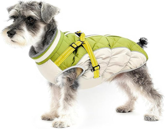 Dog Winter Coat with Harness, Dog Jacket, Pet Clothes with Zipper on Back, Waterproof Windproof Warm Vest, Reflective Cold Weather Coats, for Small Medium Large Dogs, Thick, Green, XS