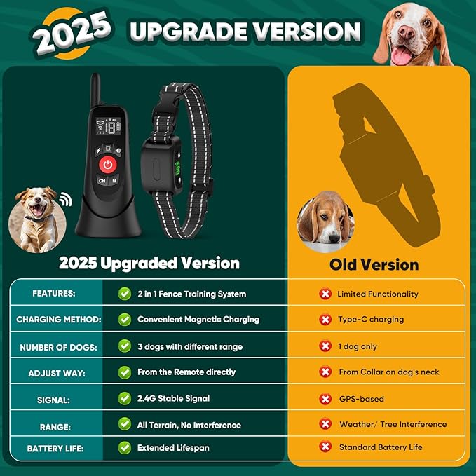 Wireless Dog Fence, Portable Electric Fence for Dogs with Remote Training Collar, Magnetic Charging Base, Outdoor Pet Containmen System for Yards, Adjustable for Medium Large Dogs