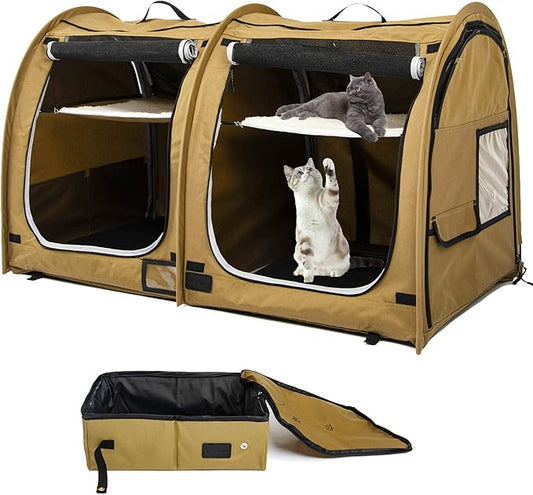 porayhut Mispace Portable Twin Compartment Show House Cat Cage/Condo - Easy to Fold & Carry Kennel - Comfy Puppy Home & Dog Travel Crate with Portable Carry Bag/Hammocks/Mats and Litter Box