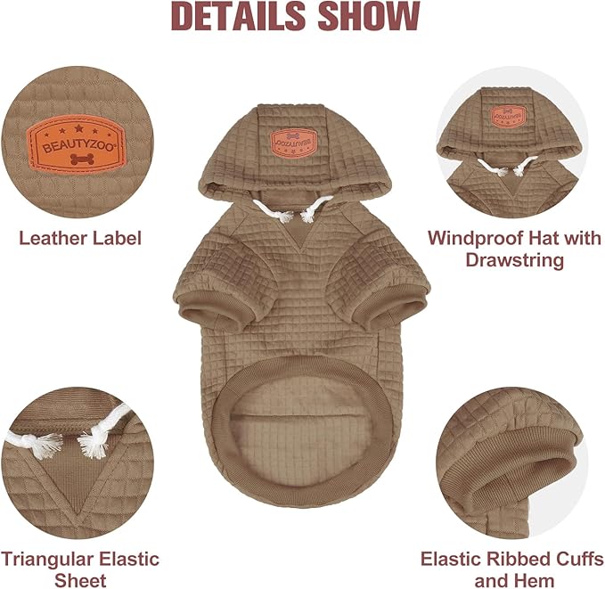 BEAUTYZOO Small Dog Hoodie Sweater with Pockets, Dog Clothes for Small Medium Dogs Boy Girl, Waffle-Like Laminated Cotton Pet Coats with Hat and Leash Hole, Khaki M