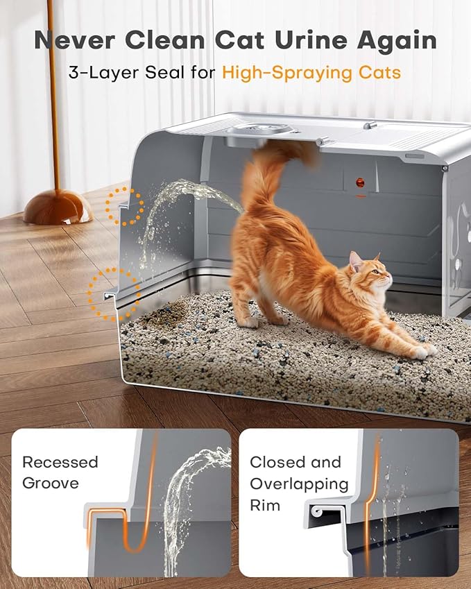 CATLIKE 2025 Upgrade 152L XXXL Stainless Steel Cat Litter Box - 3-Layer Urine Leak-Proof, Enclosed Design w/Charcoal Filter for Maine Coon & Multi-Cat Homes, Includes Metal Scoop & Mat