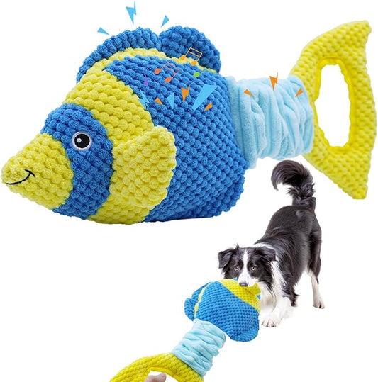 Tug of War Dog Toy, Squeaky Dog Toys, Interactive Fish Puppy Toys with Crinkle Paper to Keep Them Busy