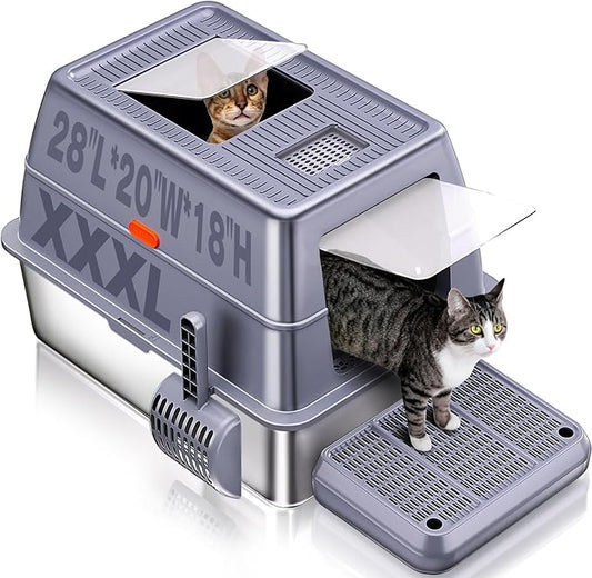 XXXL Stainless Steel Litter Box with Lid，Extra Large 28"L*20"W*18.1"H Metal Cat Litter Boxs,Jumbo Enclosed Removable Litter Box High Sides For Big Cats,with Cat Litter Scoop, Leak-Proof, Easy to Clean