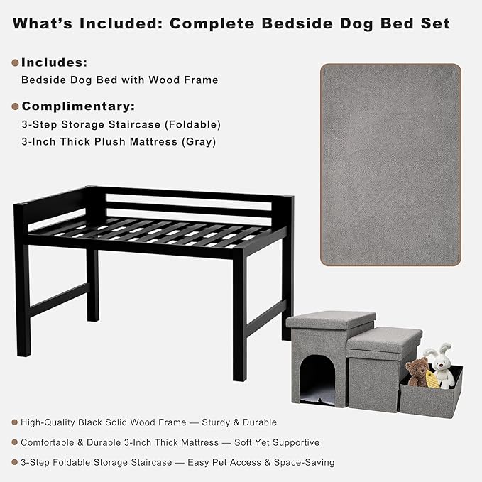 Bedside Dog Bed with Stairs，27×41 Wooden Elevated Dog Bed Cosleeper with Removable Mattress, Foldable 3-Step Stairs & Guardrail, Bassinet-Style Pet Bed for Large Dogs