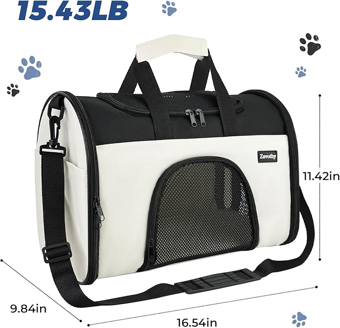 Zavothy Collapsible TSA Approved Pet Carrier for Cats & Dogs (Up to 15 Lbs, 16.54"x11.42"x9.84") – Soft-Sided Airline Travel Carrier, White