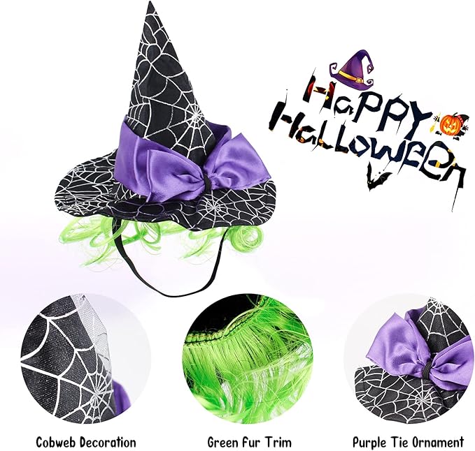 LESYPET Cat Halloween Costume Hat Dog Hat, Wizard Hat with Green Wig for Dog Cat Cosplay for Halloween, Christmas, Party