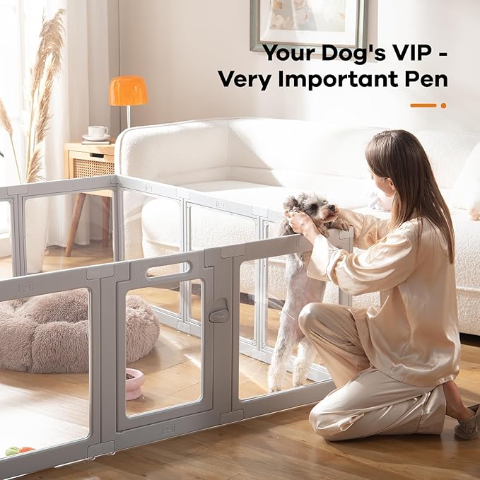 Clear Acrylic Dog Playpen Indoor, Puppy Cat Playpen, Small Pet Play Pen (Grey, 8 Panel)