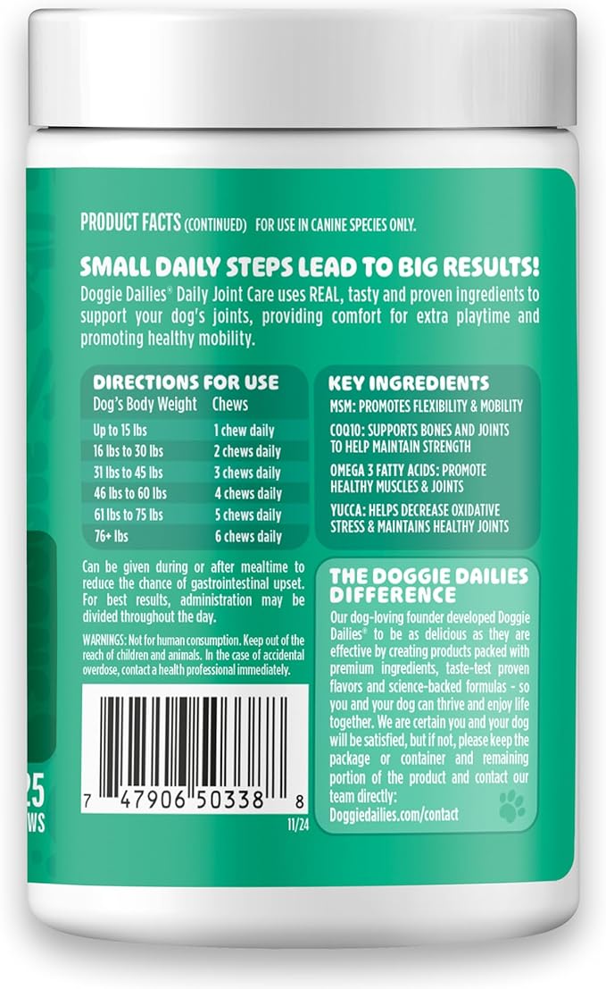 Doggie Dailies, Hip and Joint Supplement for Dogs, Glucosamine Chondroitin, Premium Hip and Joint Chews for Dogs All Breeds & Sizes, Dog Vitamins and Supplements, (Chicken) 225 Chews
