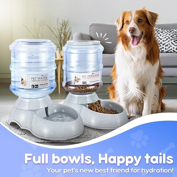 Flexzion Automatic Pet Feeder & Waterer Set of 2 Pack, Self Feeding Replenish Dog Cat Bowls, Gravity Food & Water Storage Container Fountain Jug Pet Supplies Plastic Skid Proof Rubber Feet (3 Gallon)