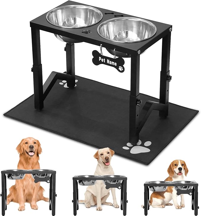 Elevated Dog Bowls, 3 Height Adjustable Metal Raised Bowl Stand with 2 Thick Stainless Steel Food Bowls & Spill-Proof Mat, Adjusts to 14.2'', 12.2'', 10.2'' for Large/Medium Breeds