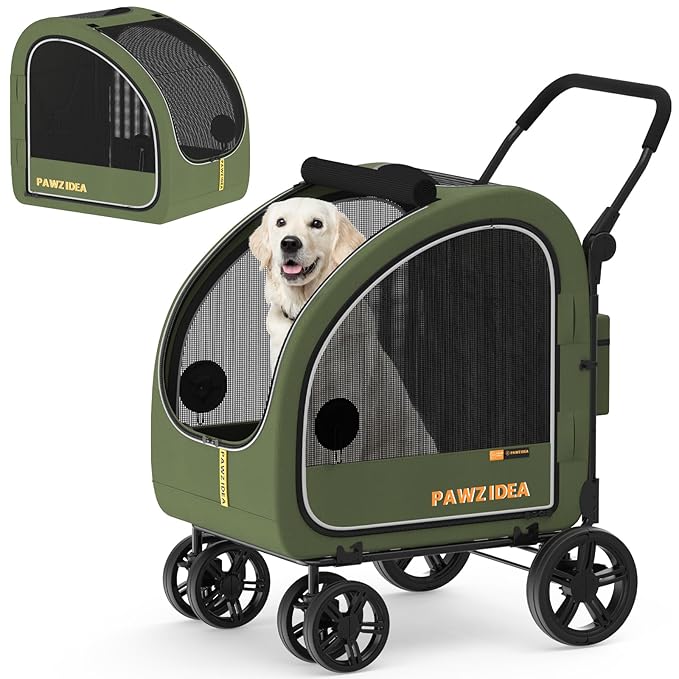 PAWZIDEA Large Dog Stroller with Detachable Carrier, Portable Dog Crate for Car Travel, Multiple Pet Strollers for Medium Dogs up to 80lbs, Adjustable Handle, All-Terrain 9” Wheels, Storage Organizer