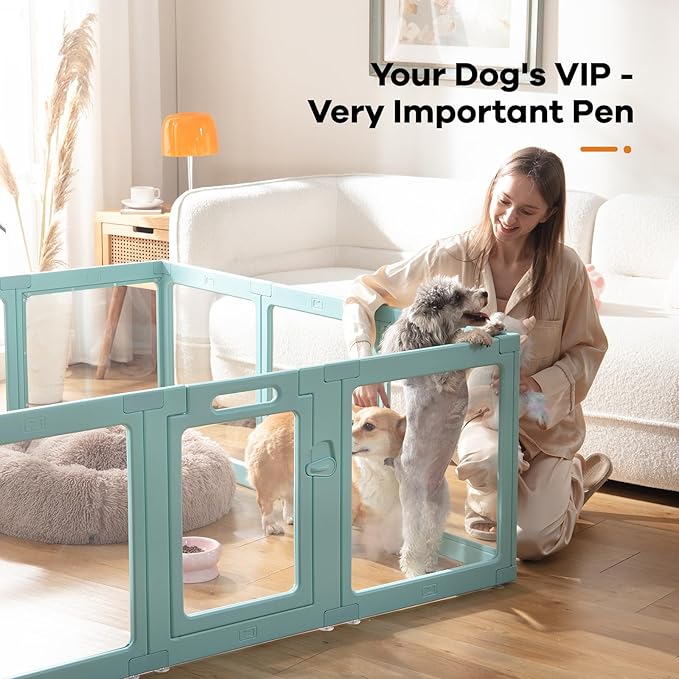 Clear Acrylic Dog Playpen Indoor, Puppy Cat Small Pet Play Pen, Pet Cat Foldable Playpen for Rabbits, Dog Fence Crate Kennel Whelping Cage (Green, 12 Panel)