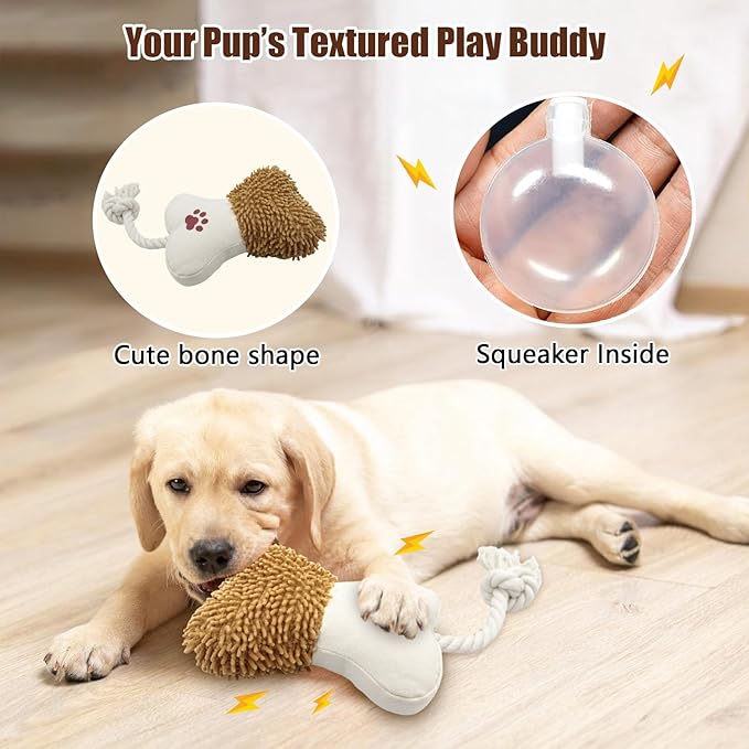 Bone Squeaky Plush Dog Toy with Rope – Durable Crinkle Chew Toy for Small and Medium Dogs, Interactive Indoor Dog Toy for Boredom and Teeth Cleaning