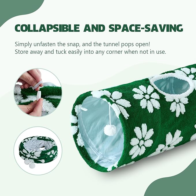 Straight Cat Tunnel for Indoor Cats 47"x12", Cute Cat Toys Collapsible Tunnel Tube with Balls for Puppy Kitten Rabbit, Green Flower