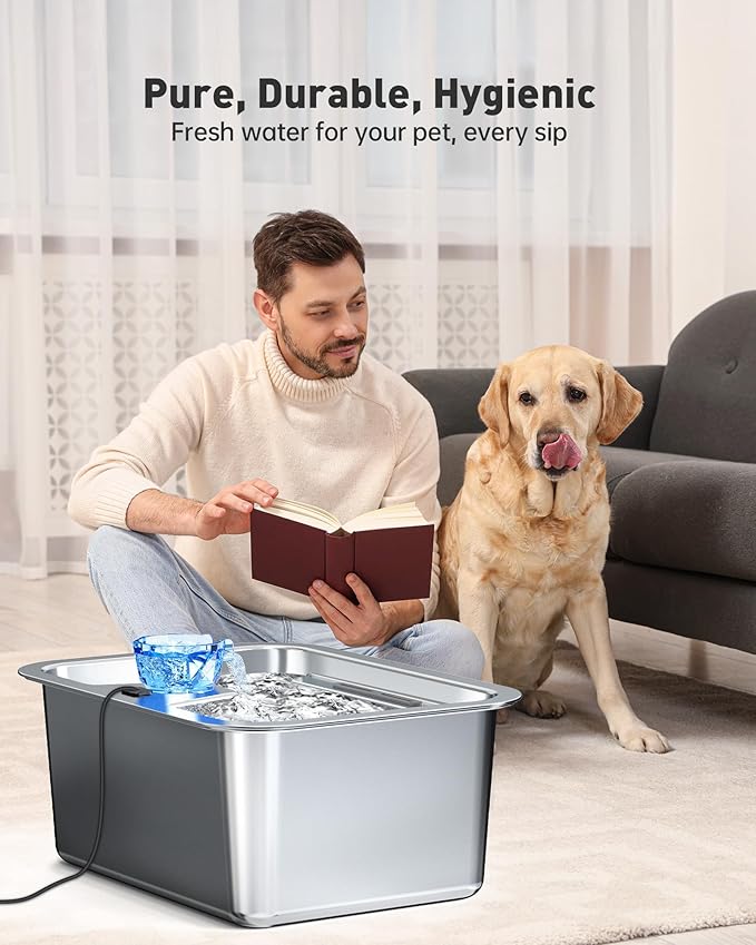 Large Dog Water Fountain Dispenser - 3 Gallon Stainless Steel Pet Water Fountain with 4 Filters for Large Dogs, Automatic Big Dog Water Bowl Dispenser Drinking for Multi-pet, Easy to Clean, Quiet Pump