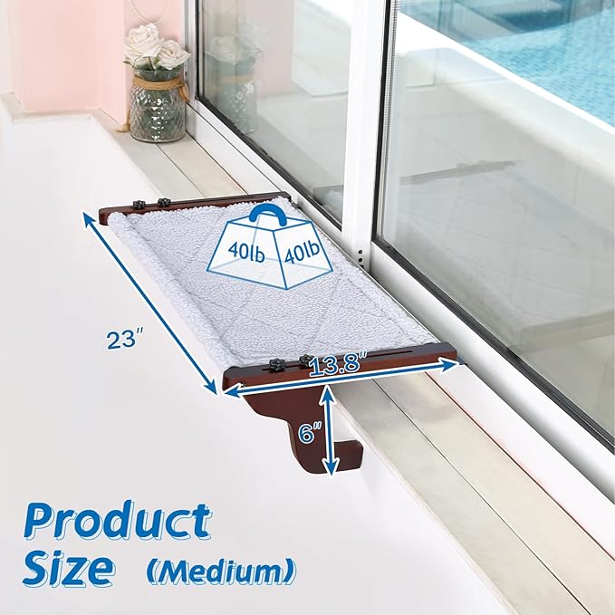 Zakkart Easy Seat Cat Perch for Window Sill - Hammock Design w/Premium Wood & Robust Metal Frame - Cat Window Seat for Large Cats and Kittens (Dark Stained Wood w/Gray Bed, Medium (23''W x 14''D))