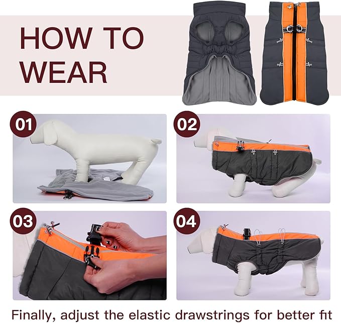 Dog Coat - Large Dog Winter Jacket, Warm Zip Up Snowsuit, Reflective, Water-Resistant, Orange-Gray