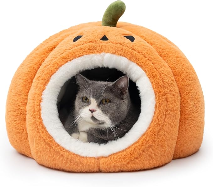 CATISM Halloween Cat Bed - Cat Bed for Indoor Cats, Cute Pumpkin Cat Beds with Warm Cushions Removable Cave with Non-Slip Bottom