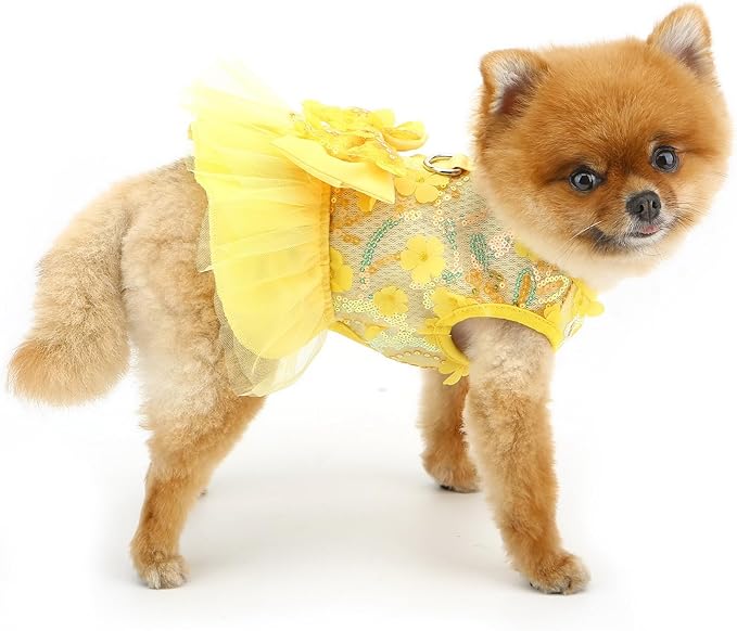 Dog Dress,Luxury Bow Princess Tutu Dresses for Girl Dogs Cute Fashion Mesh Pet Skirt with Sequins Flower Cat Puppy Clothes Wedding Party Outfits Chihuahua Apparel Button up D-Ring,Yellow,L