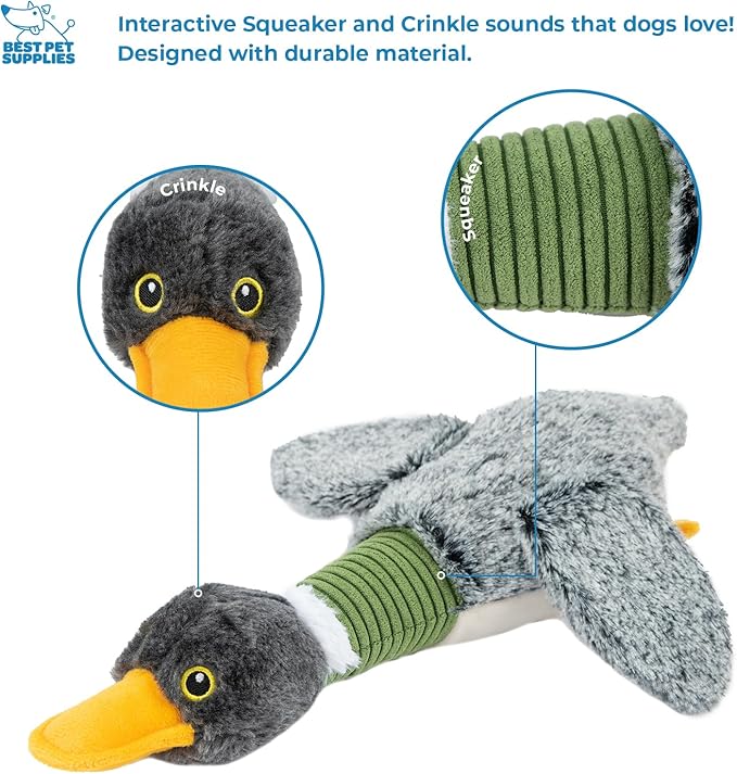 Best Pet Supplies Interactive Squeaky Dog Chew Toy, Ideal Dog Toys for Chewers, Small, Medium & Large Dogs, and Fetch Lovers - Mallard Duck Wing (Gray), Small